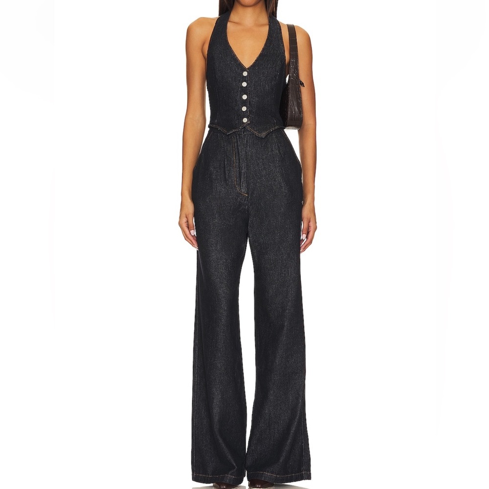 Amanda Uprichard Black Denim Halter Jumpsuit
